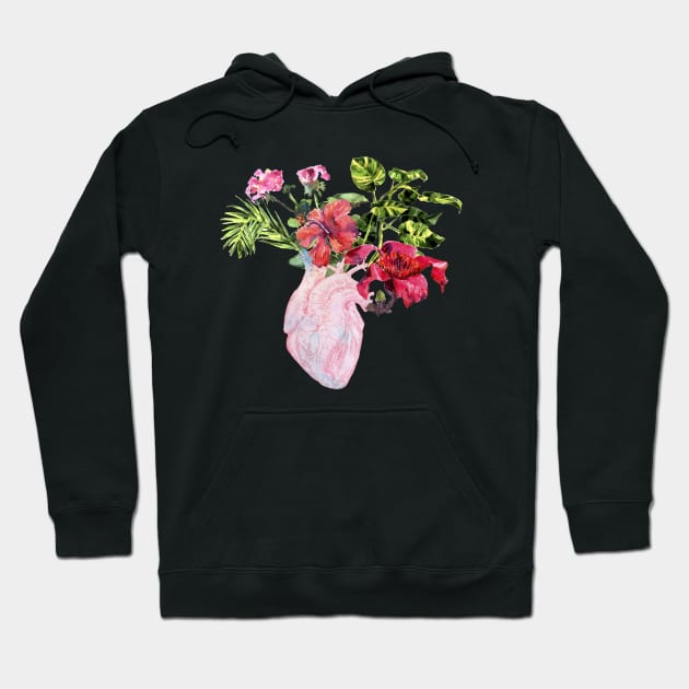 Human Anatomical Heart with Tropical Flower Hoodie by Olga Berlet